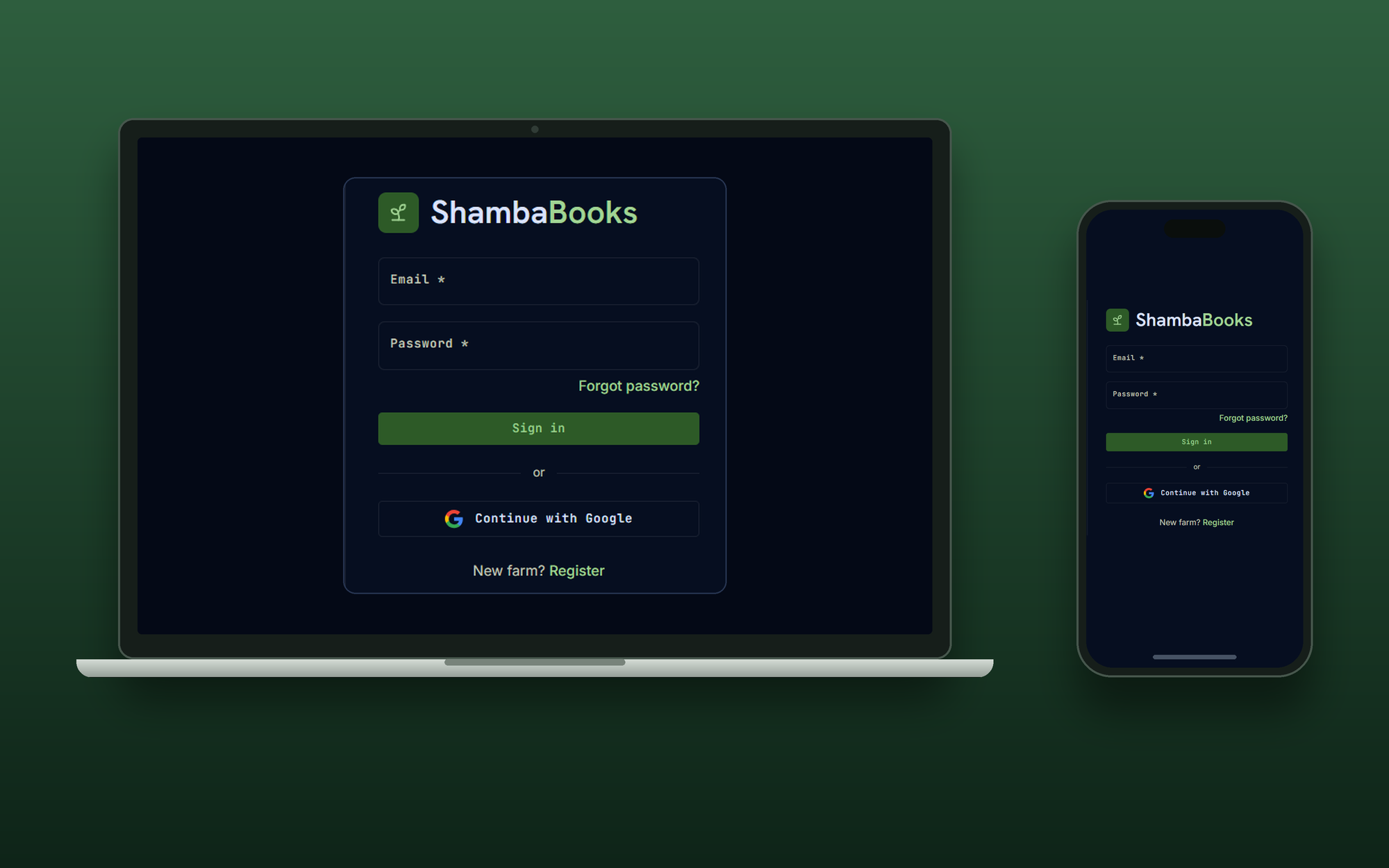 ShambaBooks farm management platform shown on laptop and mobile